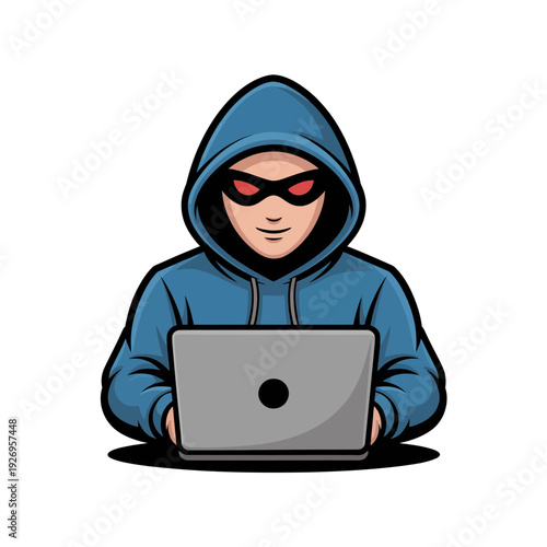 A cartoon hacker wearing a blue hoodie and sunglasses sits in front of a laptop computer.