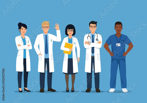 Illustration of group of five diverse medical professionals, doctors and nurses, standing together in uniform