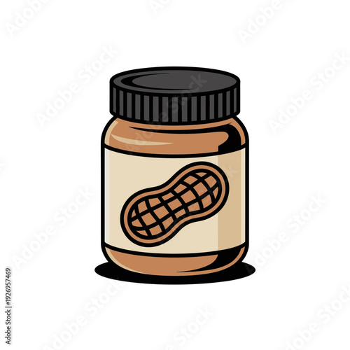 A cartoon illustration of a peanut butter jar with a black lid and a beige label featuring a peanut design