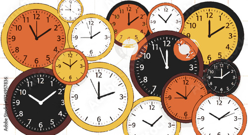 Various analog clocks in bright colors like red orange yellow and black with visible times on white background