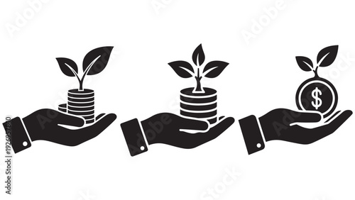 Sustainable Investment Icon With Hand Holding Growing Coin Plant And Leaf Sprout — Black Solid Vector For Impact Investing And Green Finance