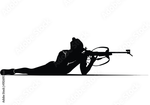Biathlon athlete in prone shooting position. Silhouette of a person aiming a rifle. Winter sports and precision shooting concept.