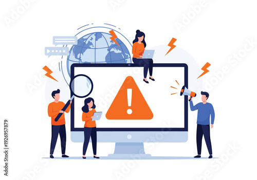 Illustration of team of people working on computer with warning sign and globe, concept of internet error or system failure