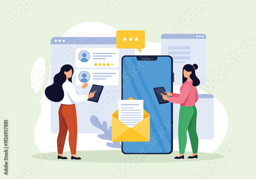 Illustration of two women interacting with a smartphone and a computer screen displaying user profiles and email