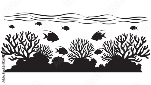 Coral Reef Outline With Branching Coral, Fish Silhouettes And Wave Line — Black Solid Vector For Marine Conservation And Reef Illustration
