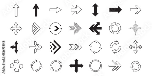 Vector set of 28 modern arrow icons, collection of directional pointers, circular refresh symbols and navigation signs for web and app UI.