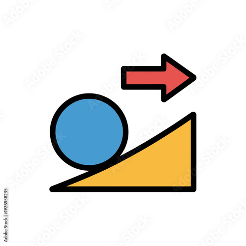 A vector graphic illustration of a blue circle rolling up a yellow inclined plane with a red arrow pointing upwards, symbolizing progress and momentum.
