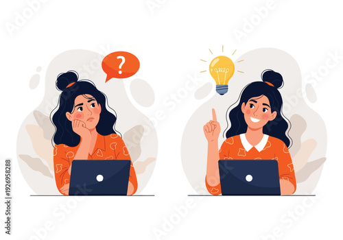 Illustration of woman thinking with question mark and then having an idea with a lightbulb