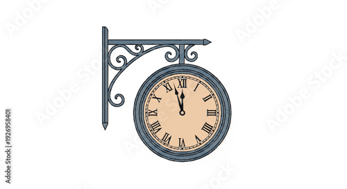 Vintage wall mounted clock with ornate metal bracket displaying roman numerals on a beige face in a timeless style