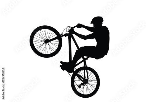 Bicycle stunt silhouette illustration. Person performing a wheelie on a bike. Extreme sport and balance concept.
