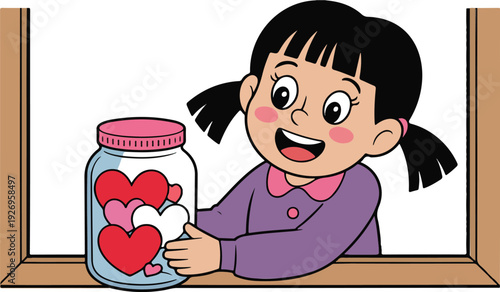 A cartoon illustration of a young girl with black hair in two pigtails, wearing a purple sweater with pink trim and a pink collar.