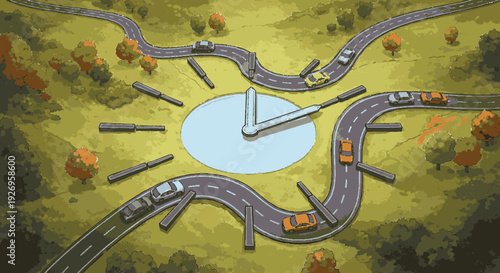 Modern roundabout intersection with multiple roads cars and trucks navigating winding lanes in a lush green landscape