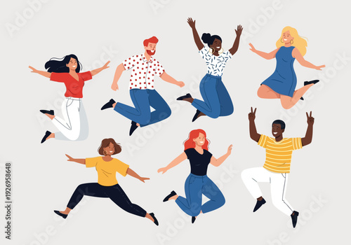 Illustration of a diverse group of people joyfully jumping in the air, expressing happiness, freedom, and excitement