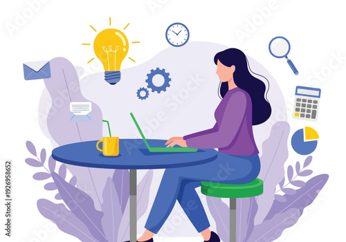 Illustration of a woman works on her laptop at a table, surrounded by icons representing ideas, communication, and business, with a lightbulb symbolizing innovation