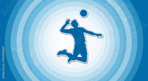 Silhouette of a volleyball player in mid-air, jumping to hit the ball.