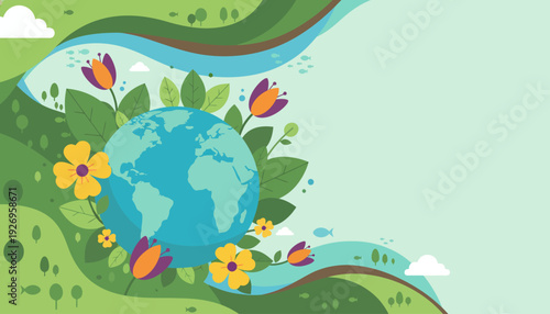 Celebrating Our Planet A Vibrant Earth Day Illustration with Blooming Flowers and Lush Greenery