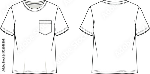 WebBlank White Short Sleeve Pocket T Shirt Vector Technical Fashion Flat Sketch Front And Back View For Apparel Design Template