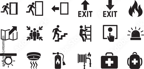 Evacuation icon set. Editable EPS vector for emergency exit, safety, rescue, and disaster signs.