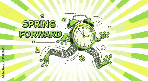 Green frog runs with alarm clock spring forward concept with sunshine rays