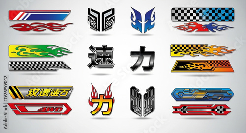 Collection of various car decals and graphic design elements for vehicle customization.
