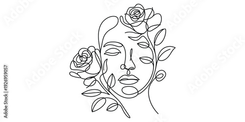 Minimalist one line art woman face with roses