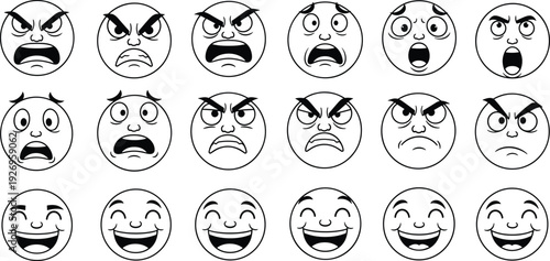 Angry and happy emoji faces set, cartoon facial expressions collection isolated on white background vector illustration