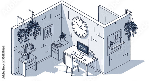 Home office setup with computer clock and hanging plants in modern cubicle workspace