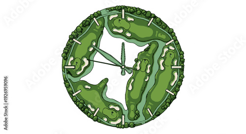 Circular golf course layout illustration featuring multiple green fairways white tee boxes and a central clubhouse symbol