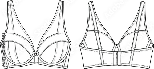 WebFront and back technical sketch of plunge bra, vector illustration of feminine lingerie design, elegant underwear template for fashion designers.