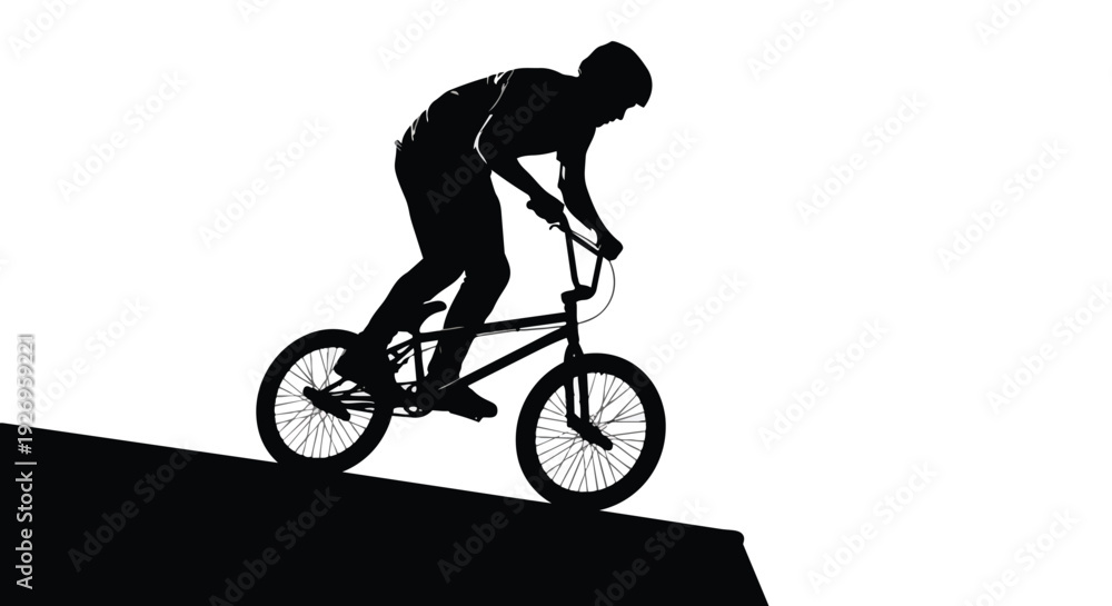 Fototapeta premium BMX rider silhouette illustration. Person on a bicycle descending a ramp, black and white graphic. Extreme sports, urban cycling, and freedom concept.