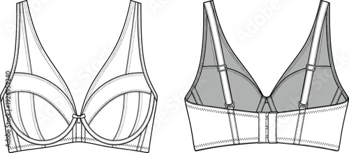 WebFront and back view of elegant plunge bra, vector illustration of technical lingerie sketch, feminine underwear design for fashion templates.