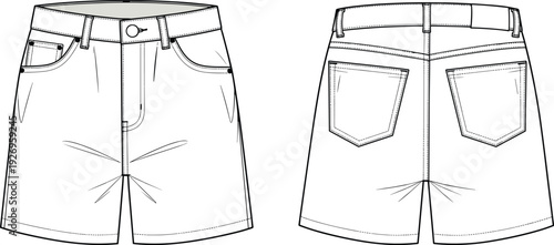 WebFront and back view of denim shorts technical drawing, detailed fashion flat sketch high waist jeans vector illustration