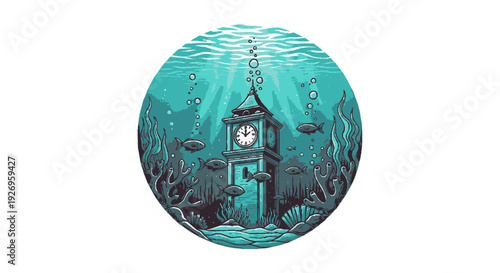 Whimsical underwater clock tower surrounded by bubbles fish and marine life in teal ocean depths