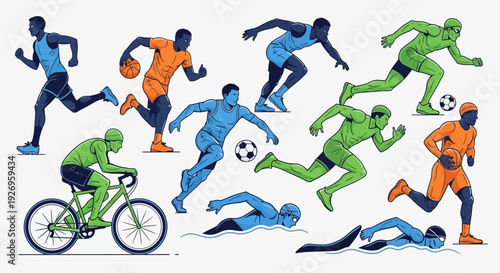 Vibrant athletes in motion, running, cycling, and playing soccer.