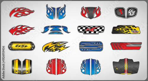 Variety of Racing Car Decals and Graphics for Vehicle Customization.
