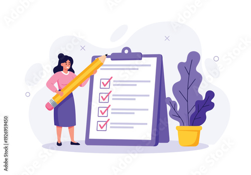 Illustration of woman holding a giant pencil, checking off items on a large checklist, representing task completion, organization, and productivity