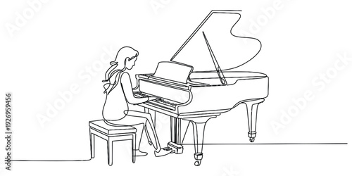 Elegant continuous line art of a woman playing a grand piano