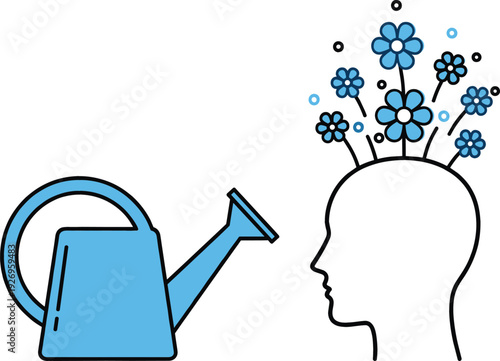 A watering can next to a head with blooming blue flowers, symbolizing mental health improvement, cultivating new ideas, personal growth, and self-education development.