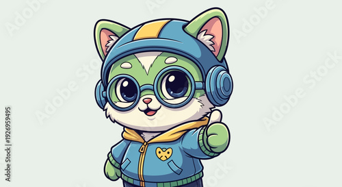 Cartoon cat wearing headphones and casual clothing.