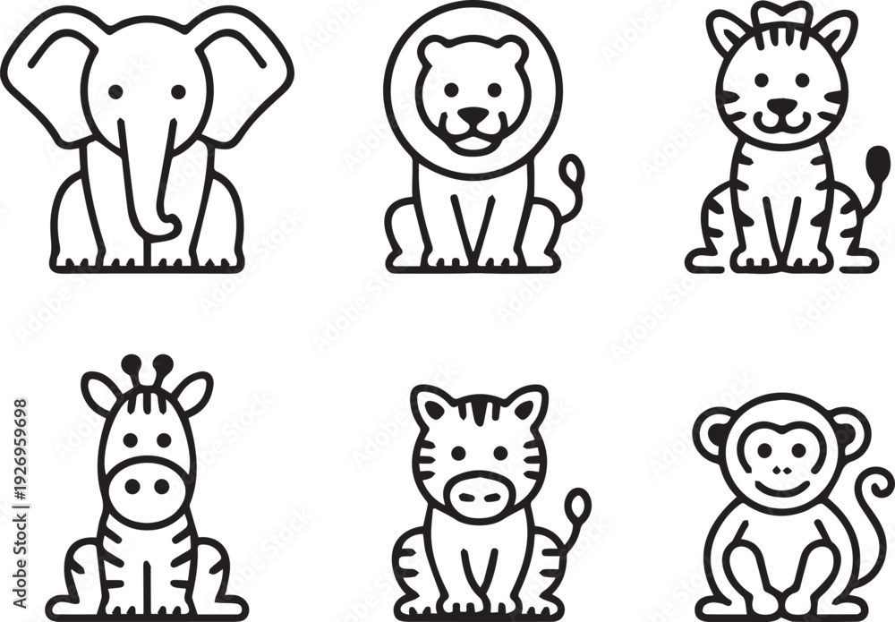 Obraz premium Line Art Animals Set in Minimal Outline Style, Hand Drawn Animal Silhouettes, Simple Wildlife and Nature Illustration Collection