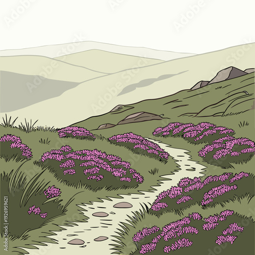 Vibrant illustration of a winding dirt path through a hillside meadow filled with pink heather flowers and green grass, leading towards misty mountains.
