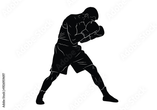 Boxer silhouette in defensive stance. Male athlete wearing boxing gloves and shorts. Concept of combat sport, training, and strength.