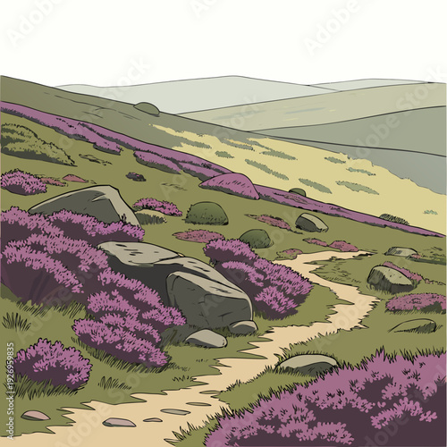 Serene illustration of a winding stone path through a heather-covered hillside with large rocks and distant, soft hills under a light sky.