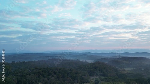 Aerial Drone View of Sunset Sky Over Mountain Forest Landscape , Cinematic Sunset Over Mountain Hills and Forest from Drone