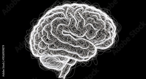 Detailed illustration of human brain with intricate neural network lines