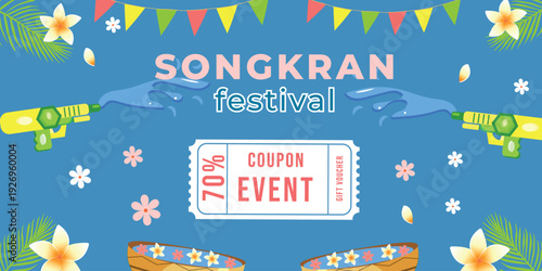 Songkran festival banner with coupon. Card thai celebration for promotion in business in web design. Vector illustration