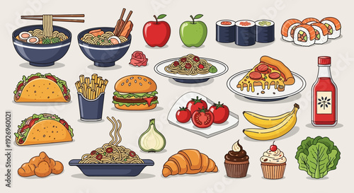 Assorted international food items including sushi, tacos, and pastries.