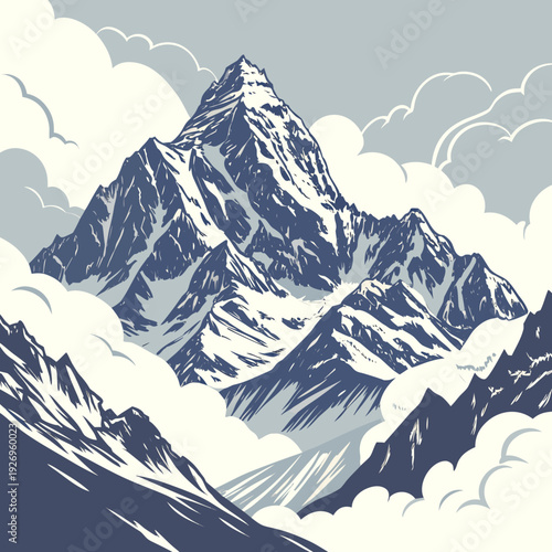 Dramatic jagged mountain summit shrouded in clouds, stylized illustration with stark blue and white colors