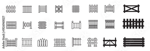 Fence Flat Glyph Icons Set – Wooden, Metal & Mesh Fencing, Crowd Control Barricades, Black Protection Symbols, Vector Illustration