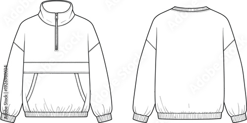 WebOversized Half Zip Sweatshirt Technical Flat Sketch, Women Fleece Pullover with Kangaroo Pocket Vector, Apparel Design Template, CAD Fashion Outline.